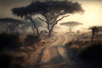 Savannah woodland path. Savannah grassland road. sunny desert landscape.