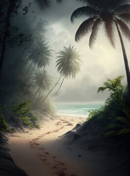 fantasy tropical beach path. sand path. stormy sun clouds. misty beach air blowing on the palm trees and bush.