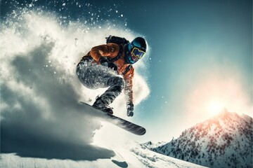  a snowboarder is in mid air on a snowy mountain slope with a bright sun in the background and clouds in the sky above him, a blue sky with white clouds and a. generative ai - obrazy, fototapety, plakaty