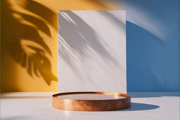 A marble podium with a pastel coloured, background wall with leaf shadows, studio photography