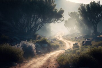 trees and bushes on both sides of a rural mountain path. misty early morning mood. fantasy landscape. 