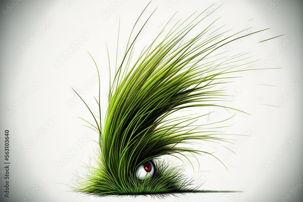 Poster  a green grass with a red eye in it's center and a white background behind it with a white background and a white background with a black border with a red eye in the center. generative ai