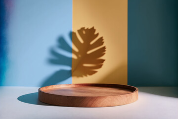 A wooden podium with a pastel-colored, wall background with leaf shadows, studio photography, minimal