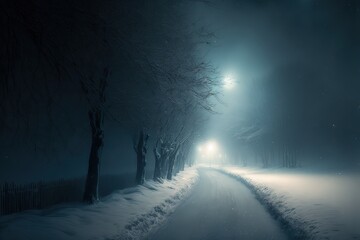 Obraz premium winter night road. snowy path. cold snow storm in a rural landscape. Spooky winter night.