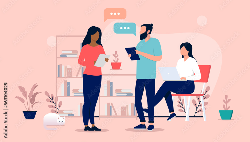 Leinwandbilder people at work talking - three vector characters in office workplace having conversation and discuss