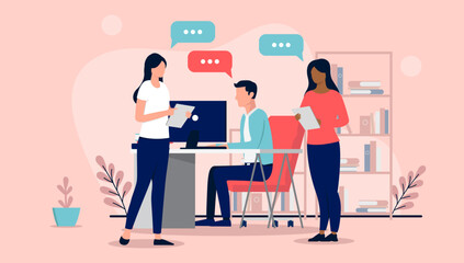 Office people working - Team of three businesspeople doing work, talking and having discussion in the workplace with speech bubbles. Flat design vector illustration