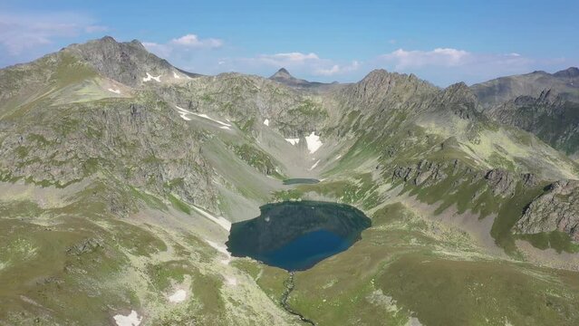 Flying Over Mountain Lakes in Caucasus Mountains
