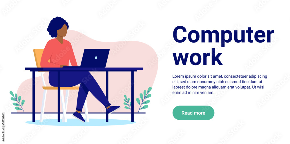 Poster Computer work - African American woman sitting at desk working with IT on laptop computer. Flat design vector illustration with white background and copy space for text