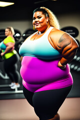 Fototapeta na wymiar African overweight woman in active wear posing in sport club. Generative AI image