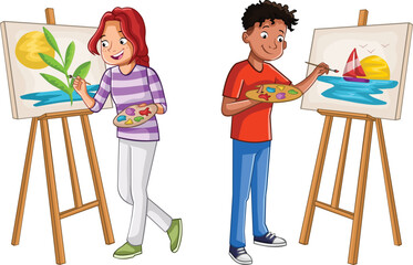 Cartoon teens painting on canvas. Teenagers painting nature images.- 563104665