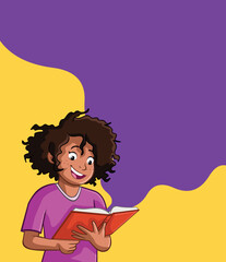 Cartoon black girl reading book. Teenager student reading book.
- 563104695