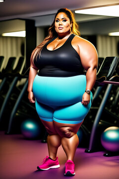African overweight woman in active wear posing in sport club. Generative AI image
