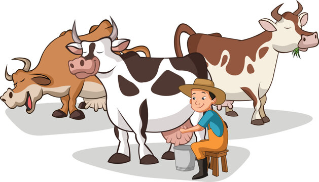 Cartoon farmer milking cow. Farm worker.

