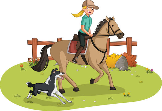 Cartoon girl riding horse. Farm background.
