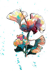 Fototapeta Feuilles de ginkgo illustration dessinée à la main aquarelle et encre minimaliste multicolore obraz