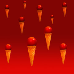 Creative aesthetic summer sunset love scene. Ice cream cone with glass sphere and two red hearts. Monochromatic colors from blood to guardsman red. Surreal summer sunset sky, love or Valentine's Day.