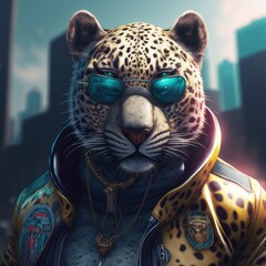 Jaguar wearing a Y2K outfit design aesthetic illustration made with Generative AI