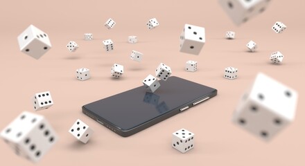 mobile phone with falling white casino dice (3d illustration)