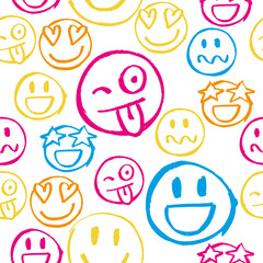 Emojis, Seamless pattern, happy, sad, tense faces print, varied expressions. Backdrop, background. Hand drawn with marker pen. Fun characters for kids. Vector illustration design surface.