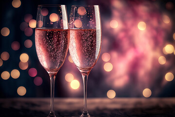 Valentines day celebration toast, pink champagne glasses close up, bokeh lights background