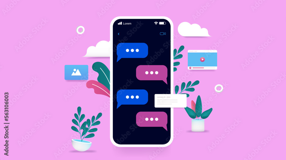 Poster texting on mobile phone - smartphone with dark screen and text messages on pink background. flat des