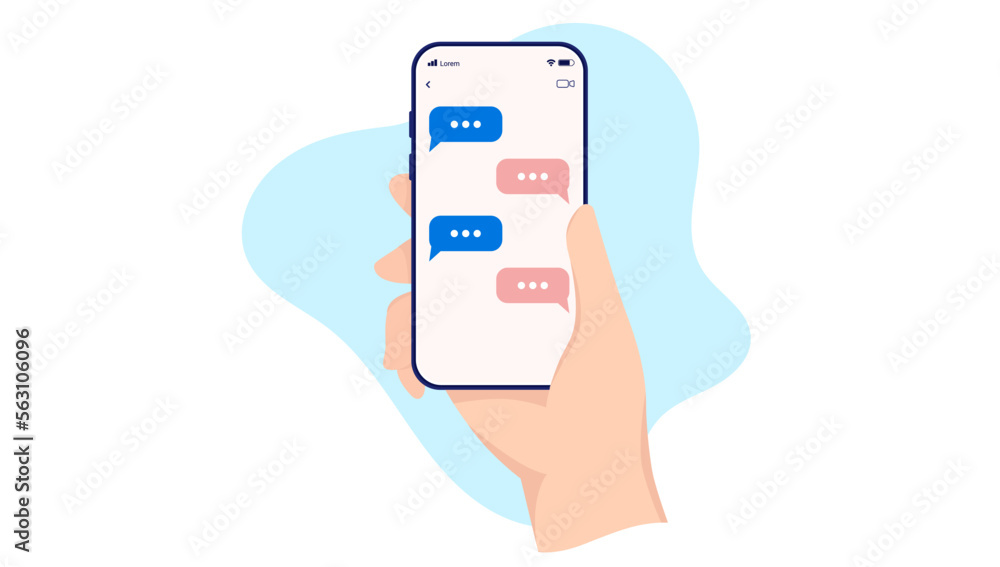 Poster Text messages on mobile phone - Hand holding smartphone with abstract text communication on screen. Flat design vector illustration with white background