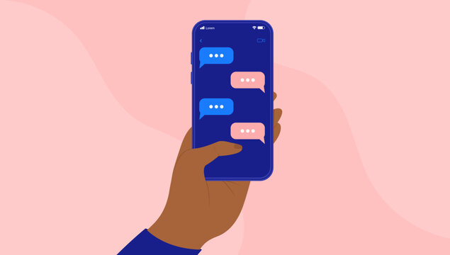 Text message - Hand with dark skin holding mobile phone in hand and texting. Flat design vector illustration