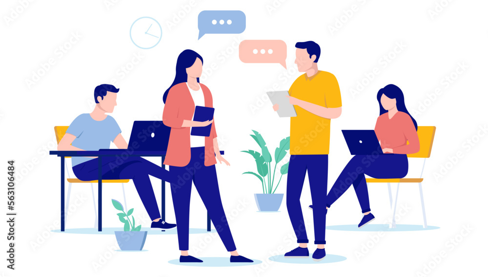 Aufkleber Work talk and discussion - People in office having business conversation with speech bubbles and digital devices in hands. Flat design vector illustration with white background
