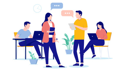 Work talk and discussion - People in office having business conversation with speech bubbles and digital devices in hands. Flat design vector illustration with white background