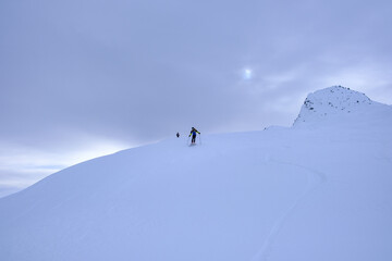 Sci alpinisti in discesa dal Pizzo dell'Uomo, Alpi Lepontine, Massiccio del San Gottardo, Svizzera