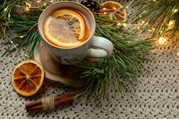 Green tea, Christmas tree branches, dried oranges, cloth mat