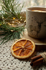 Green tea, Christmas tree branches, dried oranges, cloth mat