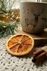 Green tea, Christmas tree branches, dried oranges, cloth mat