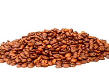 Heap of fresh roasted espresso coffee beans isolated on a white background