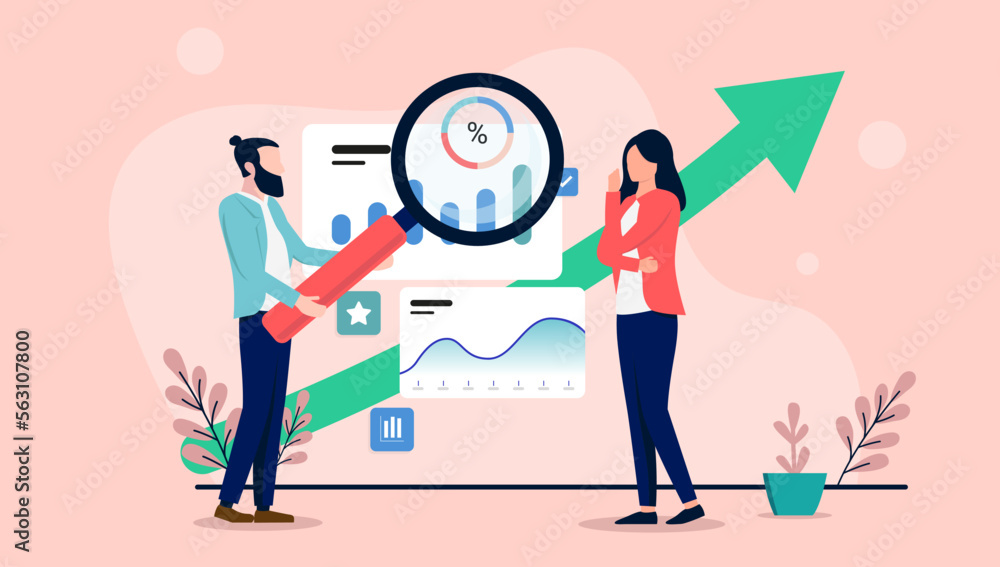 Poster analytics and research - woman and man with magnifying glass looking at charts and graphs on compute