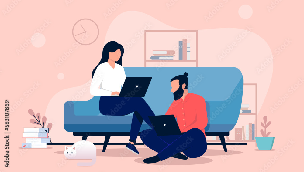 Aufkleber couple working at home sitting with laptop computer in sofa and floor. remote work and home office c