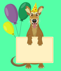 Cartoon dog holds a greeting card for a children's holiday. Bright vector illustration with balloons.