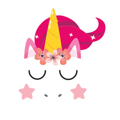 Vector flat pink unicorn face icon with flowers and  eyes icon.