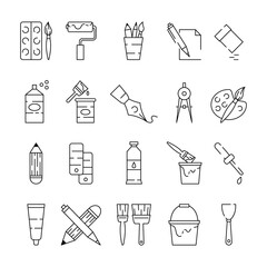 Painting tools. Art icons. Paint brush and ink bottle. Line painter symbols. Paintbrush or pen. Pigment and wall decorator roller. Bucket for DIY house. Vector illustration pictograms set