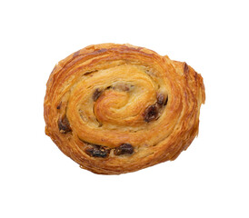Freshly baked sweet bun with raisins isolated on white background, top view