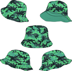 CAMOUFLAGE BUCKET HAT FASHION FLAT SKETCH TEMPLATE SET MOCKUP	
