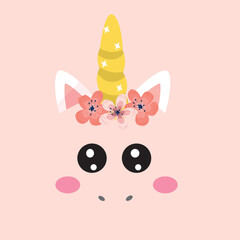 Vector flat pink unicorn face icon with flowers and  eyes icon.