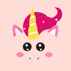 Vector flat pink unicorn face icon with flowers and  eyes icon.