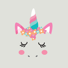 Vector flat pink unicorn face icon with flowers and  eyes icon.