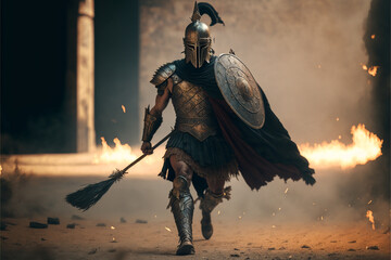 Illustration of a running spartan warrior in armor with a spear and shield, antique military in motion, ancient soldier in a helmet, dynamic image, realistic art created by ai - obrazy, fototapety, plakaty