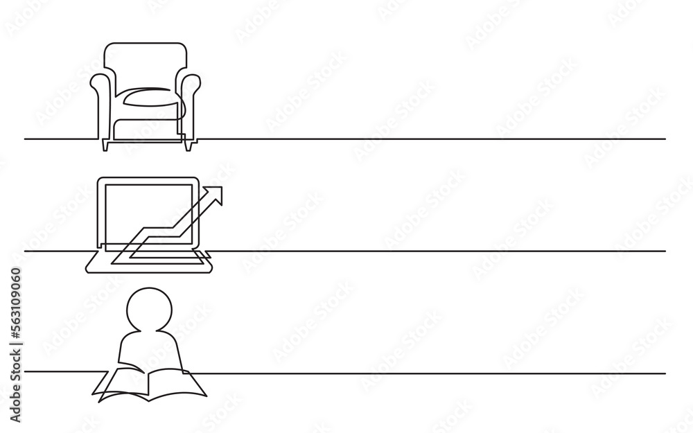 Sticker continuous line drawing vector illustration with fully editable stroke of armchair laptop computer a