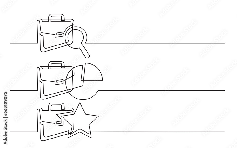 Poster continuous line drawing vector illustration with fully editable stroke of briefcase search pie chart
