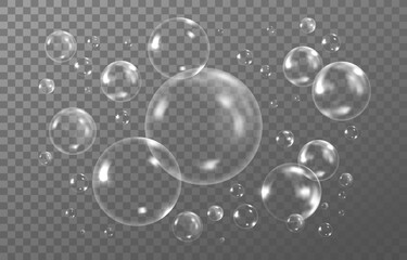Transparent 3d water soap, foam air bubbles. Realistic circle wash balls drops, liquid reflection, dreamy glossy spheres. Laundry detergent. Vector abstract neoteric illustration