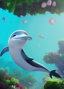 Dolphin animal in 3D Style on clean background. Generative ai