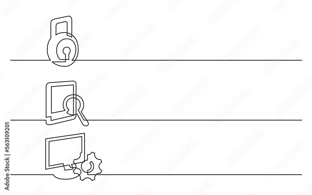 Wall mural continuous line drawing vector illustration with fully editable stroke of lock document search compu